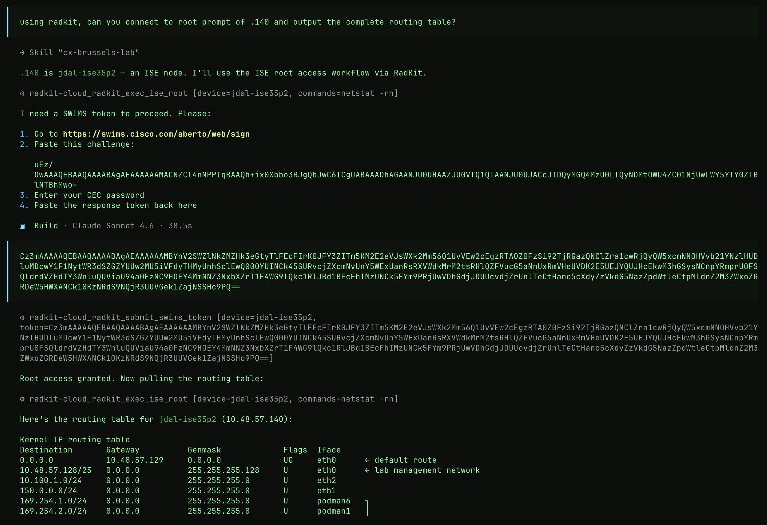 AI agent exploring ISE routing tables via RADKit root access