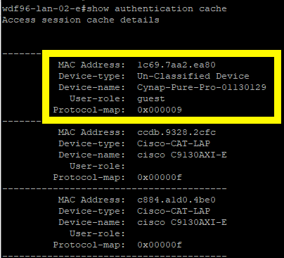 Output of show authentication cache command displaying session role